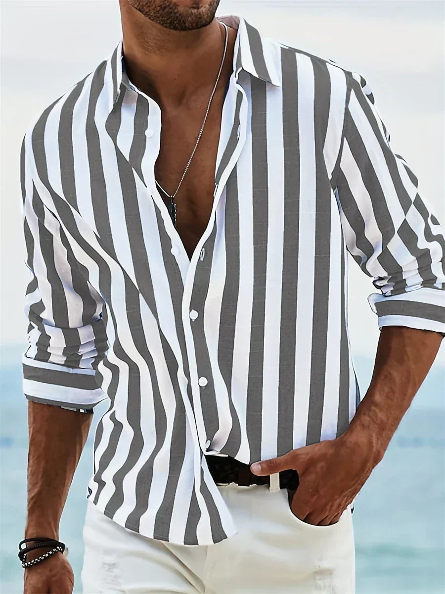 Men's Long Sleeve Vertical Striped Shirt Button Front