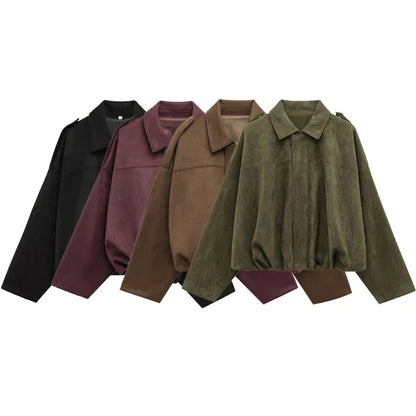Women's Cropped Bomber Jacket Lapel Collar Zip Front