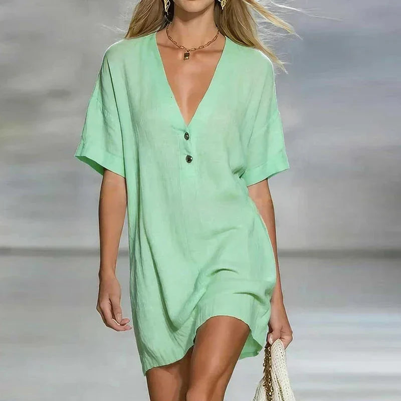 Women's V Neck Linen Shirt Dress