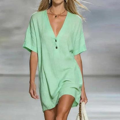 Women's V Neck Linen Shirt Dress