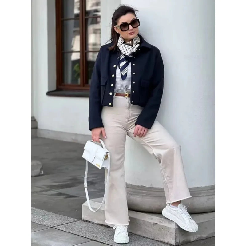 Women's Aviator Bomber Jacket Cotton Button Front