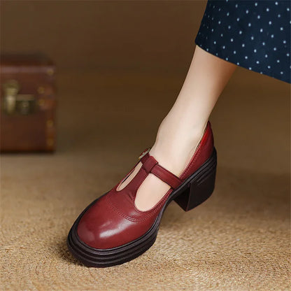 Women's Block Heel Mary Jane Shoes Round Toe Strap