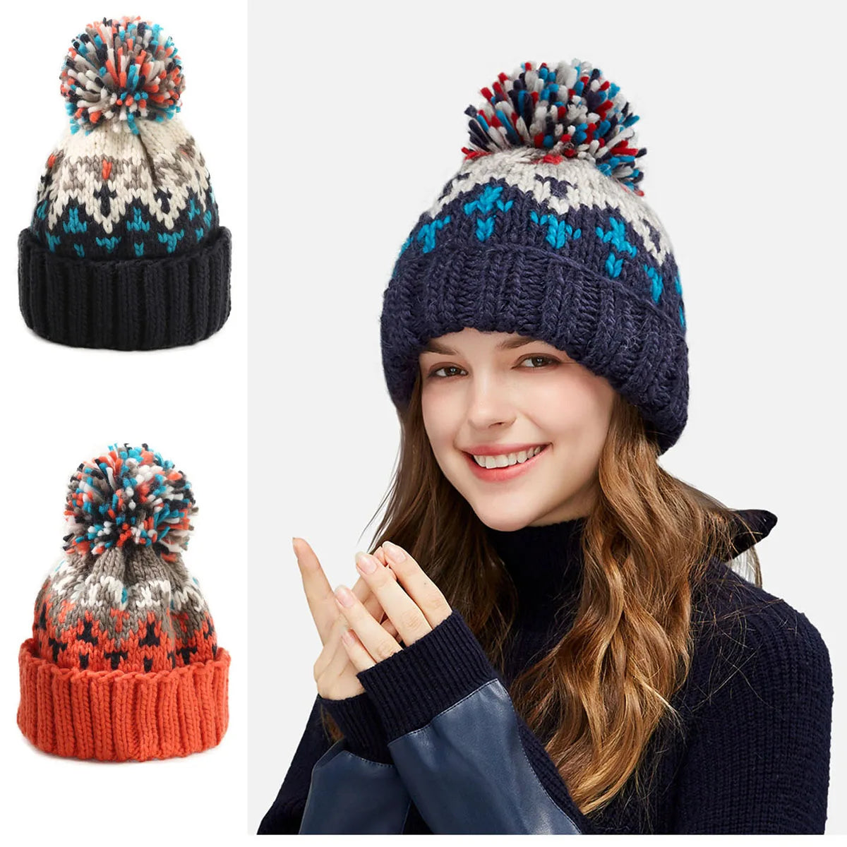 Warm Winter Snowflake Pom Hat