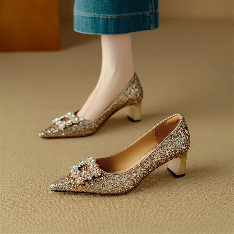 Sparkly High Heel Pumps with Crystal Strap Detail