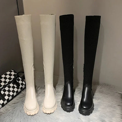 Women's Knee High Boots Stretch Fit Chunky Sole Side Zip Black
