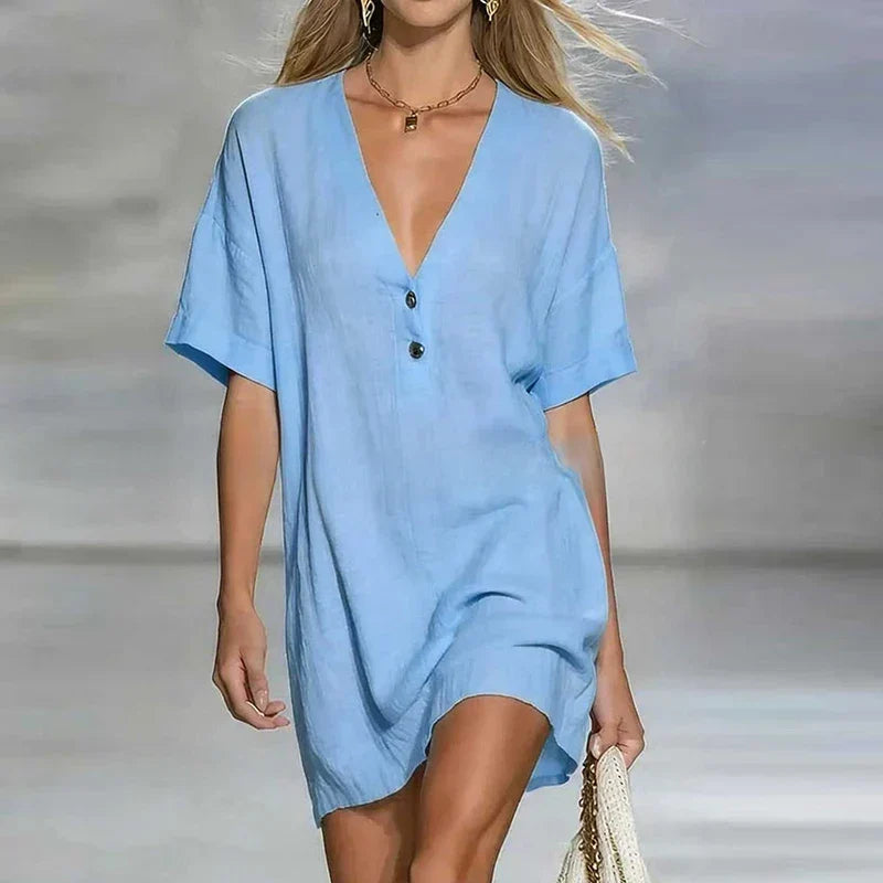 Women's V Neck Linen Shirt Dress