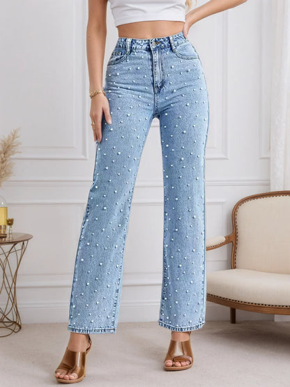 Women's Straight Jeans Pearl Five-Pocket Machine Washable Classic Blue