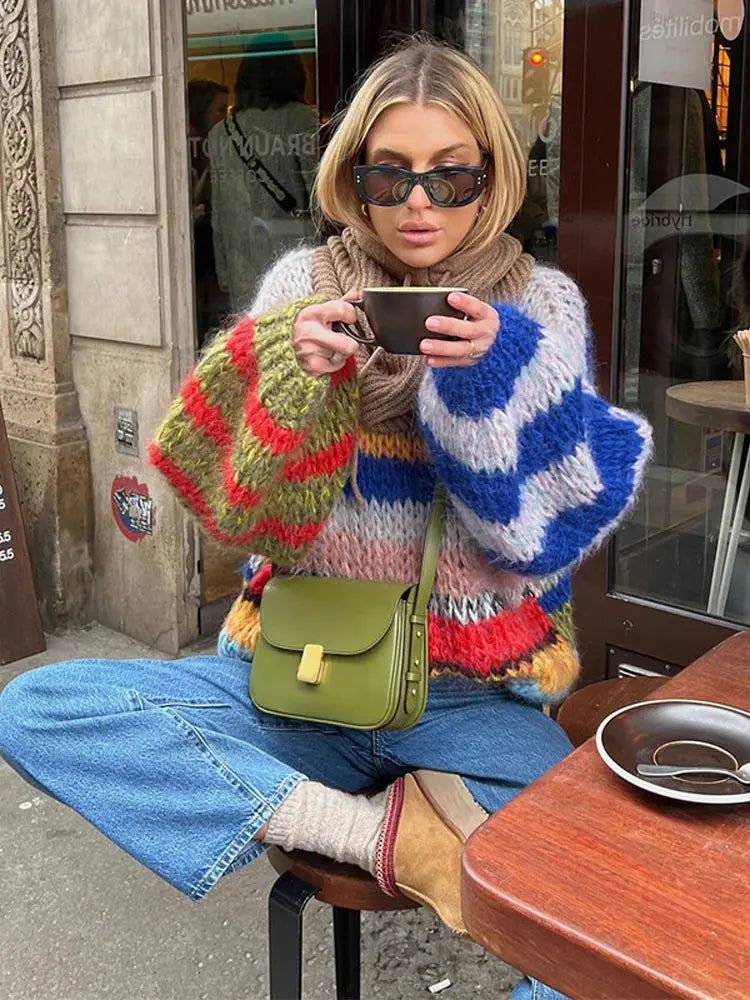 Women's Striped Knit Sweater Multicolor Long Sleeves
