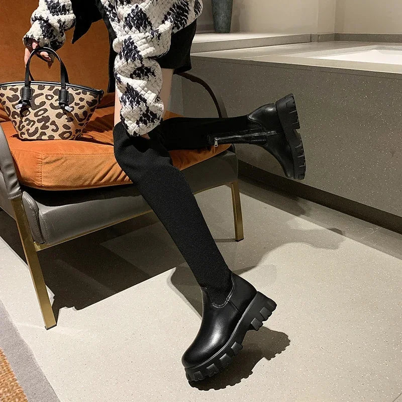 Women's Knee High Boots Stretch Fit Chunky Sole Side Zip Black