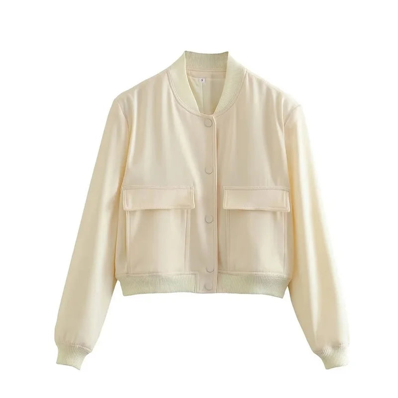 Women's Cropped Bomber Jacket Snap Buttons Utility Pockets