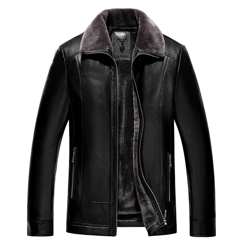 Men's Leather Motorcycle Jacket Warm Fleece Winter Coat