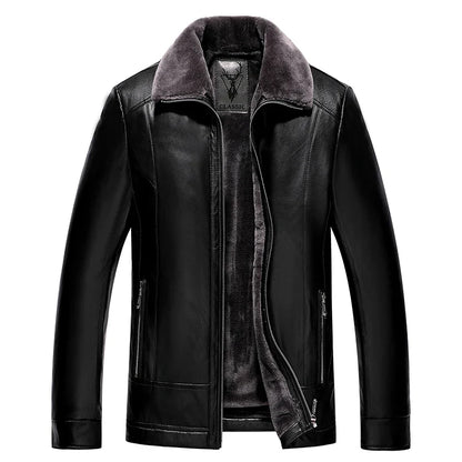Men's Leather Motorcycle Jacket Warm Fleece Winter Coat