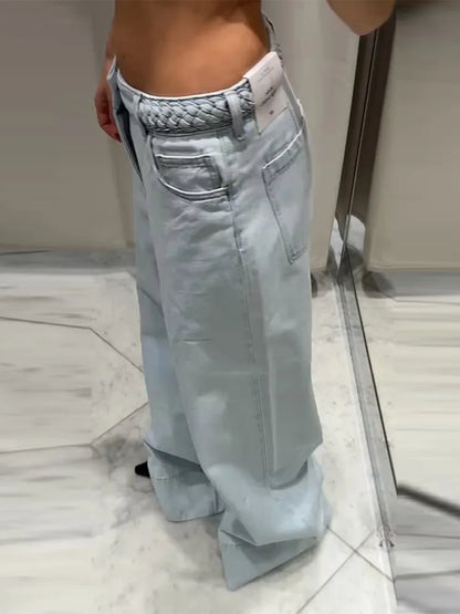 Women's Wide Leg Denim Trousers Braided Twist Blue