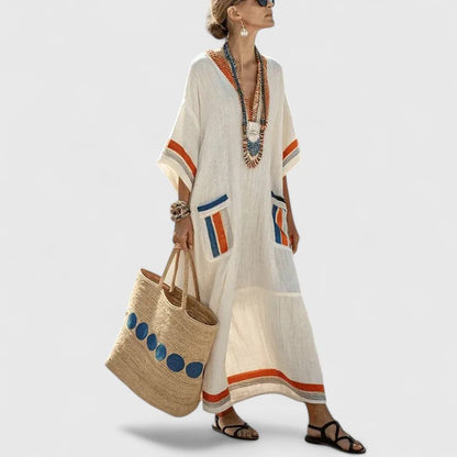 Relaxed Fit Women's Striped Linen V Neck Maxi Dress