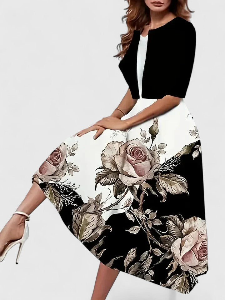 Women's Floral Midi A-Line Dress 3/4 Sleeve
