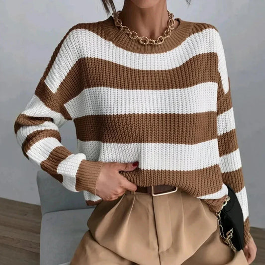 Women's Striped Crewneck Sweater Relaxed Fit Cozy - VibreMode
