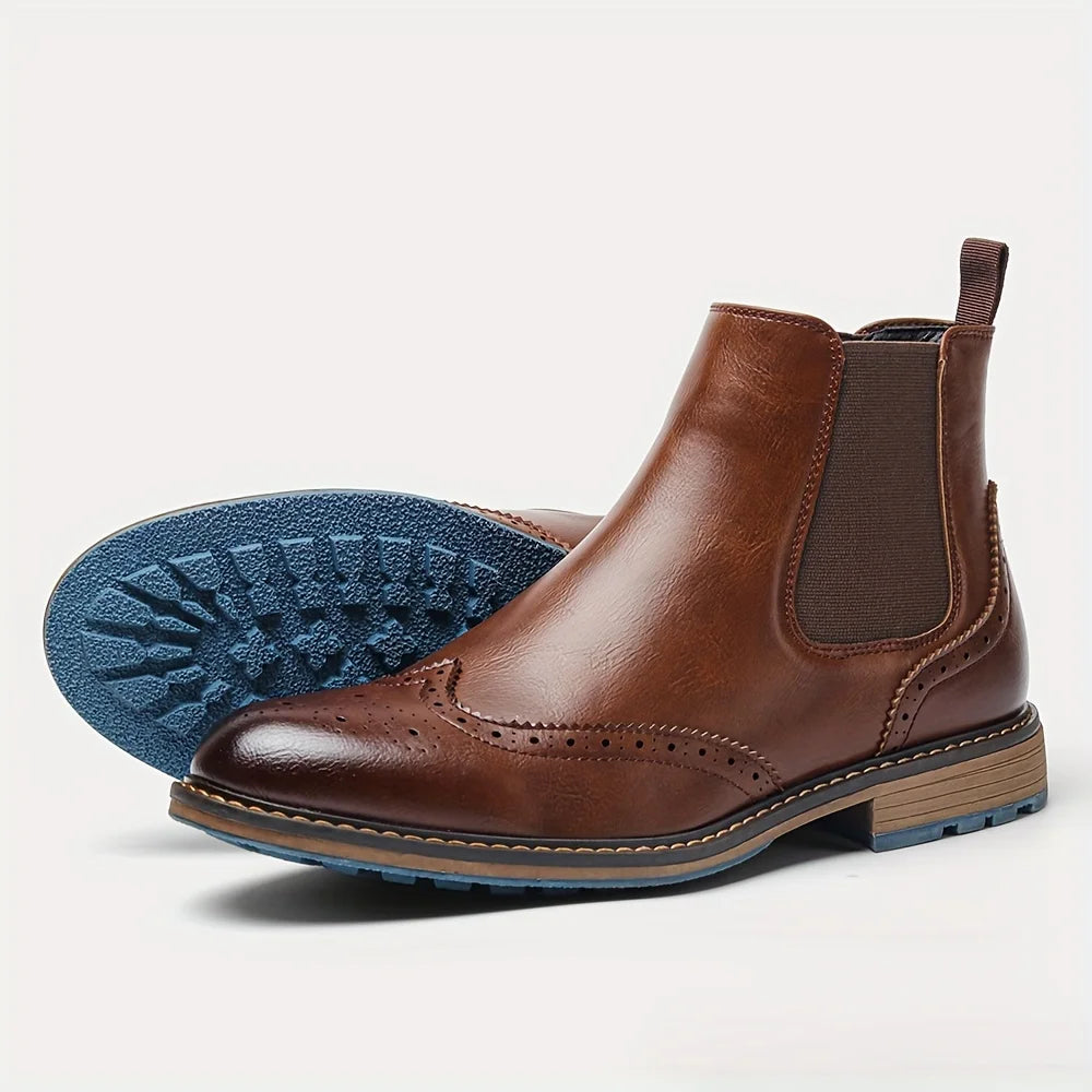 Men's Chelsea Ankle Boots Leather Brogue Style Black
