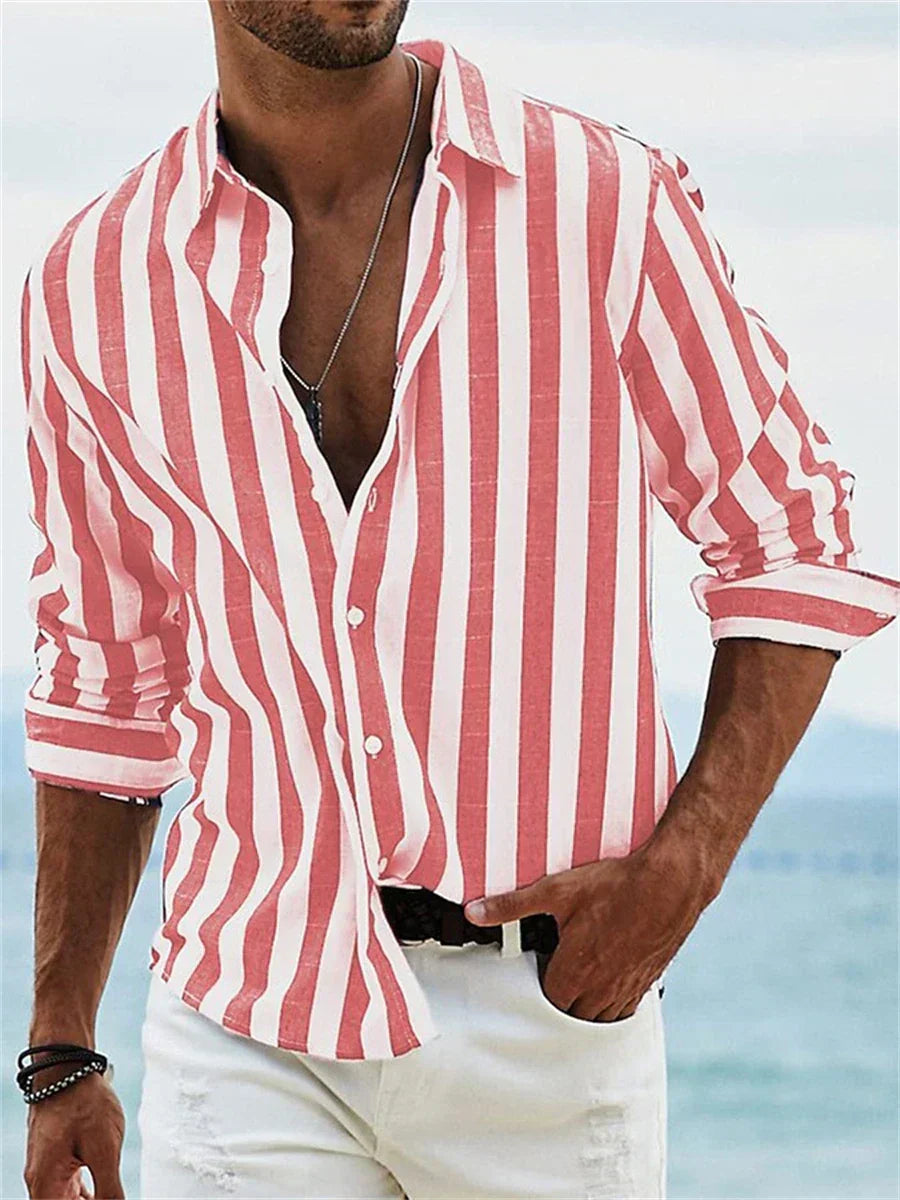 Men's Long Sleeve Vertical Striped Shirt Button Front