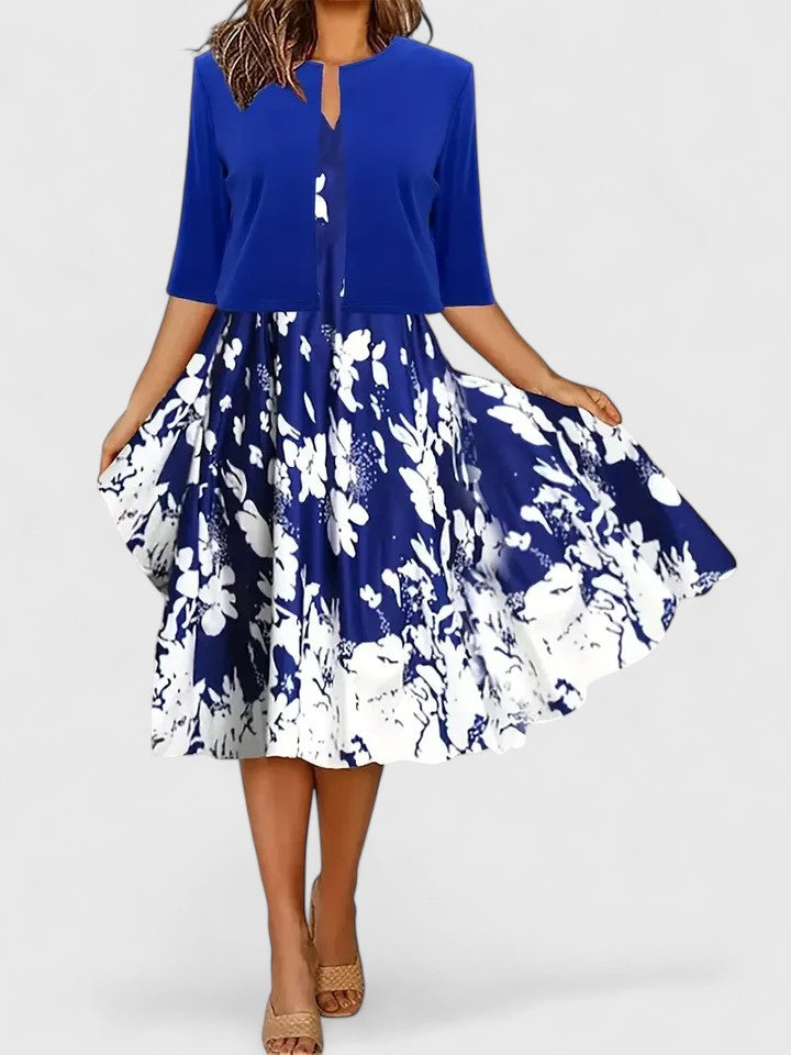 Women's Floral Midi A-Line Dress 3/4 Sleeve - VibreMode