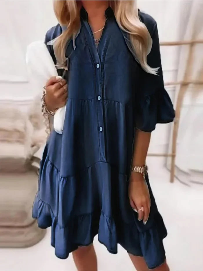Women's Ruffle Mini Dress Cotton Button Down