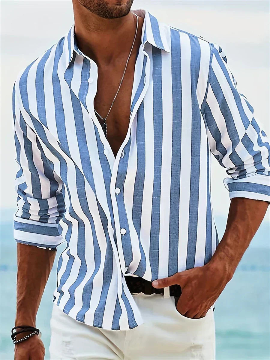 Men's Long Sleeve Vertical Striped Shirt Button Front - VibreMode