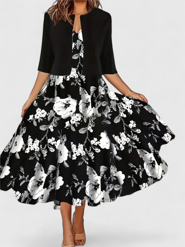 Women's Floral Midi A-Line Dress 3/4 Sleeve