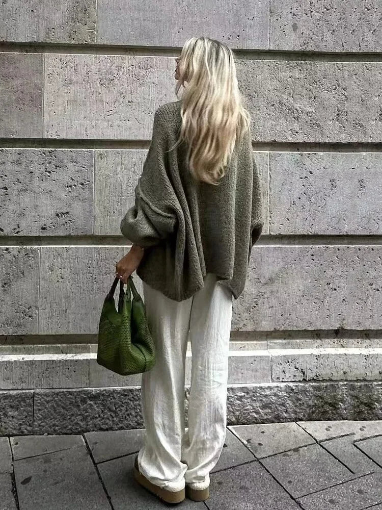 Women's Bat Sleeve Cardigan Wool Lapel Metal Buttons Beige