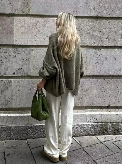 Women's Bat Sleeve Cardigan Wool Lapel Metal Buttons Beige