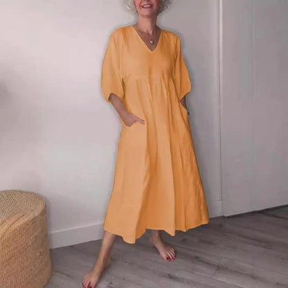 Elegant V Neck Waist Control Midi Dress with Pockets - VibreMode