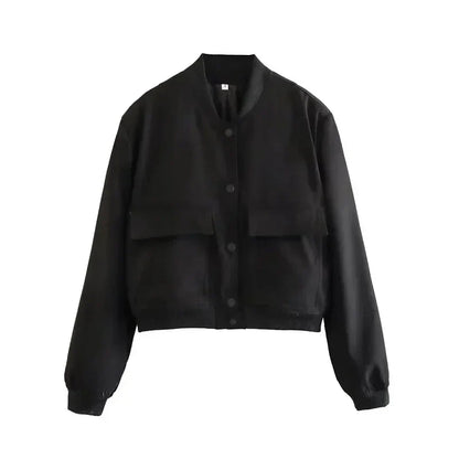 Women's Cropped Bomber Jacket Baseball Collar Snap Buttons