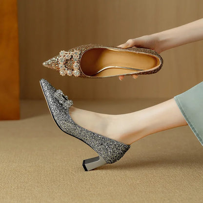 Sparkly High Heel Pumps with Crystal Strap Detail