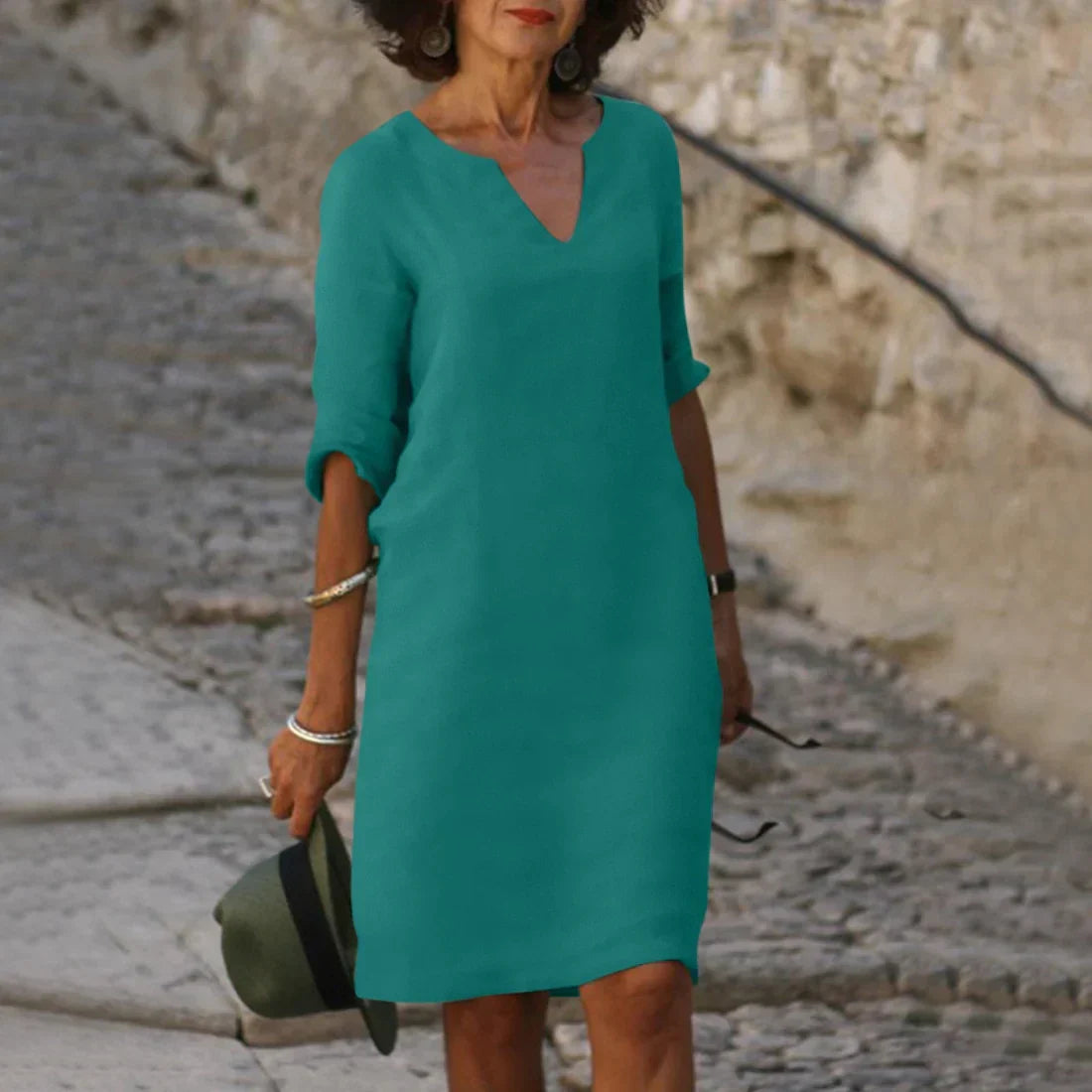 Women's V-Neck Mini Dress 3/4 Sleeves - VibreMode