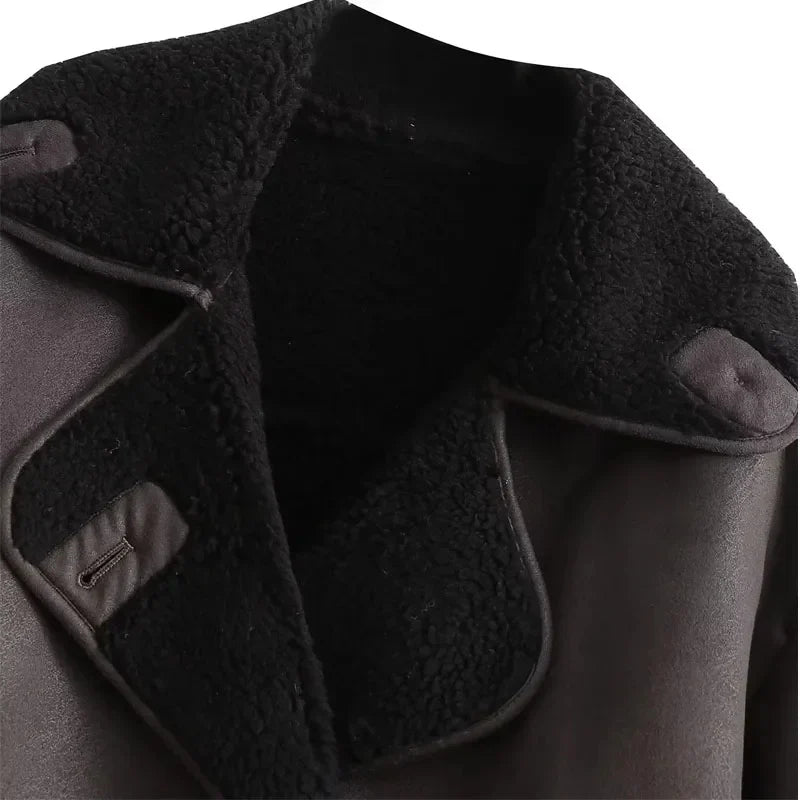 Women's Leather Winter Jacket Plush Lined Wide Collar