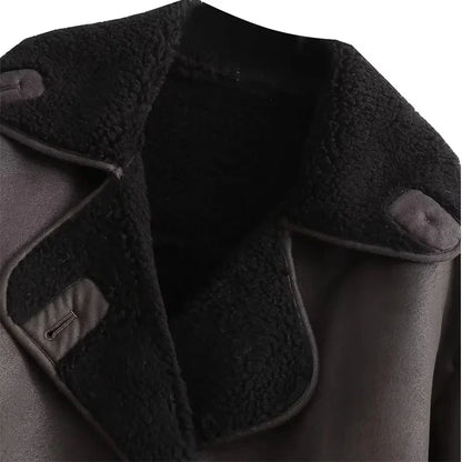 Women's Leather Winter Jacket Plush Lined Wide Collar