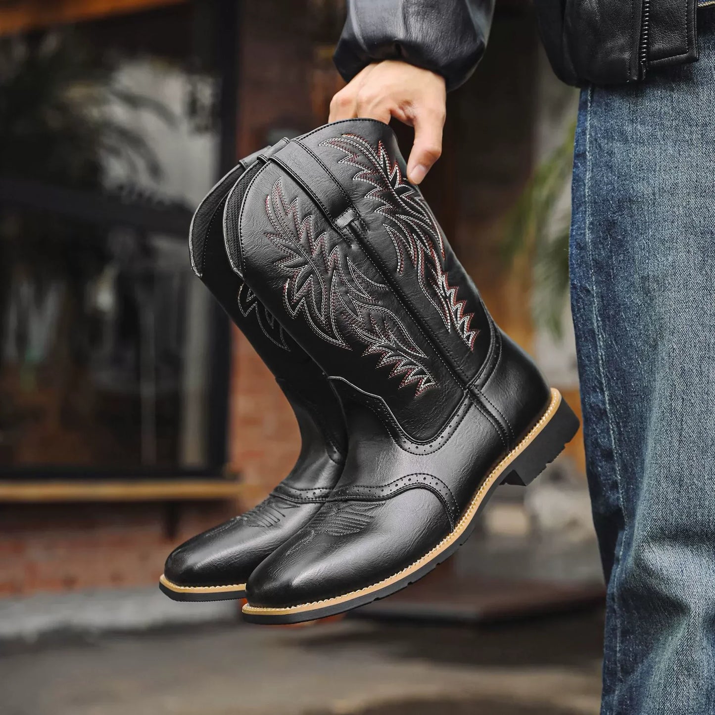 Rugged Men's Brown Leather Cowboy Boots