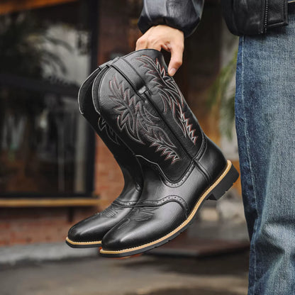 Men's Western Cowboy Boots Embroidered Mid-Calf Square Toe Brown