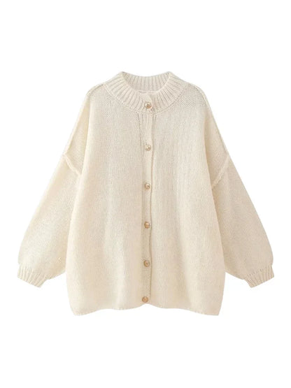 Women's Bat Sleeve Cardigan Wool Lapel Metal Buttons Beige