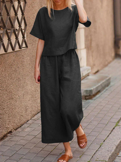 Women's Summer Two Piece Crew Neck T-Shirt And Pants