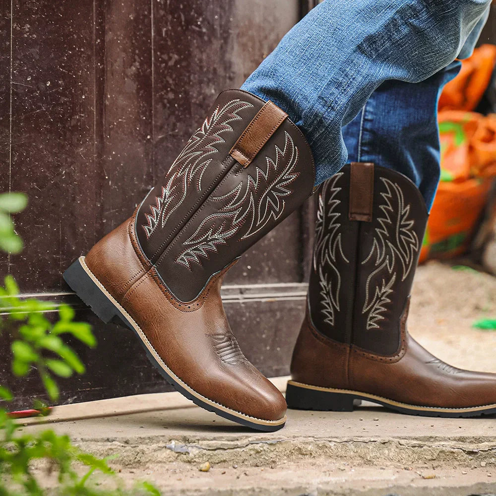 Rugged Men's Brown Leather Cowboy Boots - VibreMode