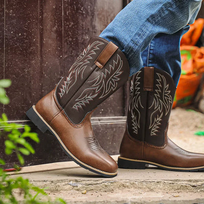 Rugged Men's Brown Leather Cowboy Boots - VibreMode