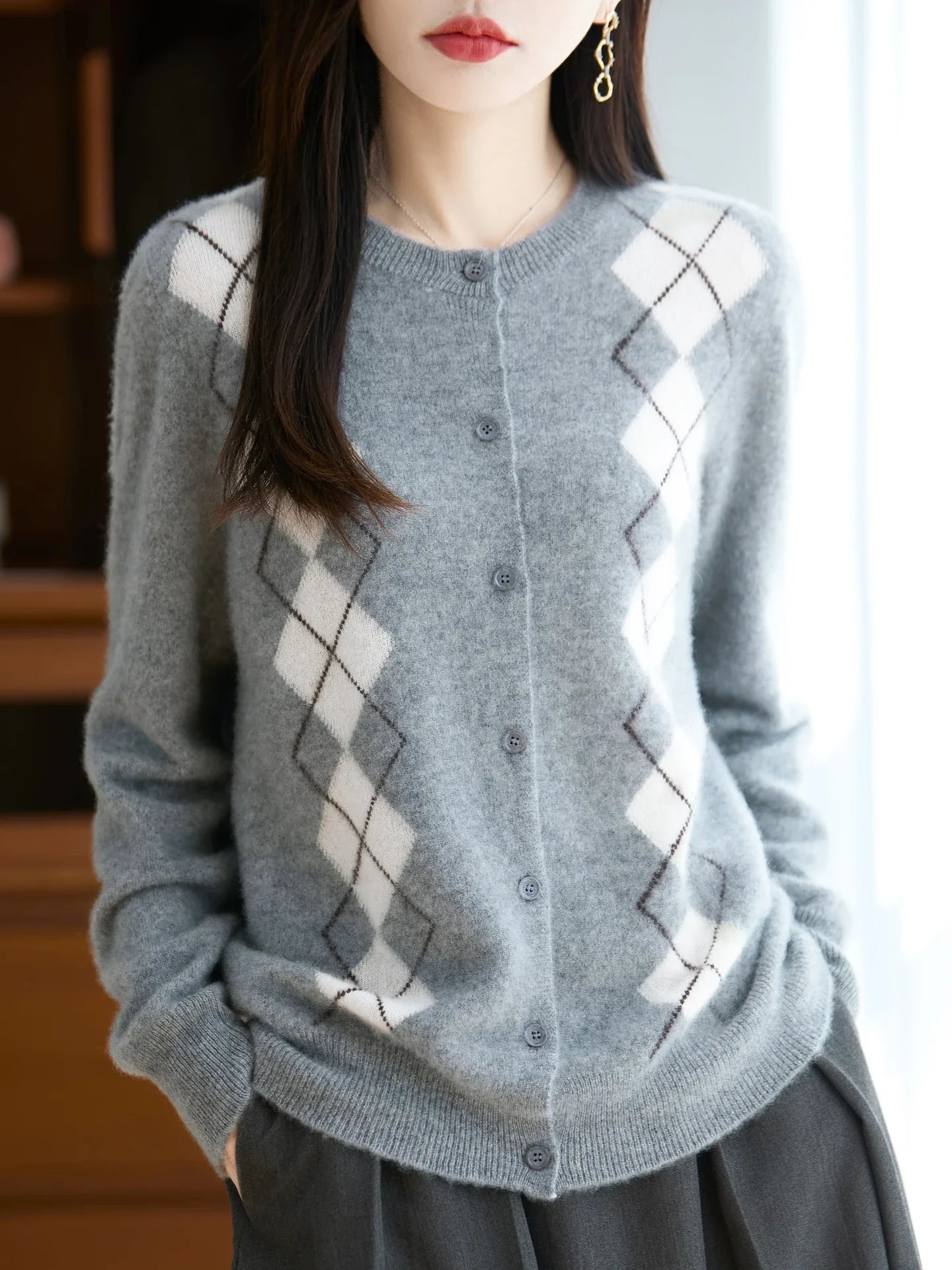 Merino Wool Blend Argyle Cardigan