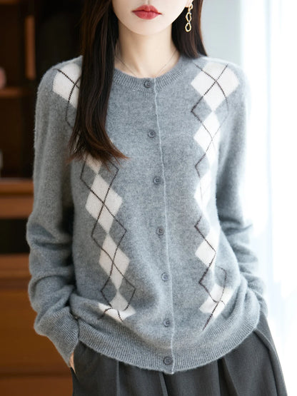 Merino Wool Blend Argyle Cardigan