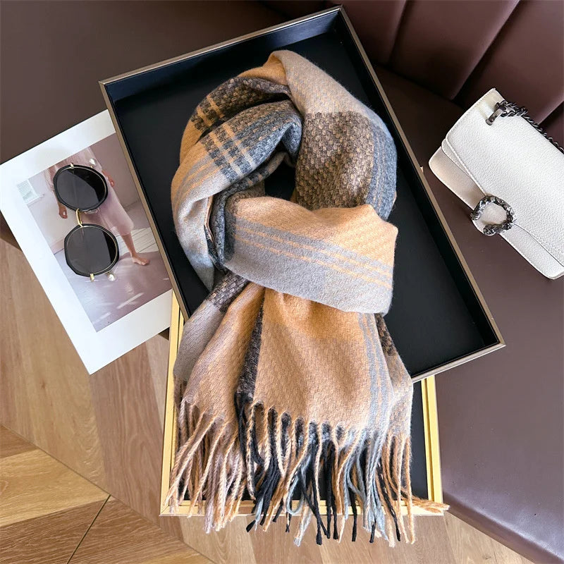 Womens Plaid Scarf Tassel Wool Red