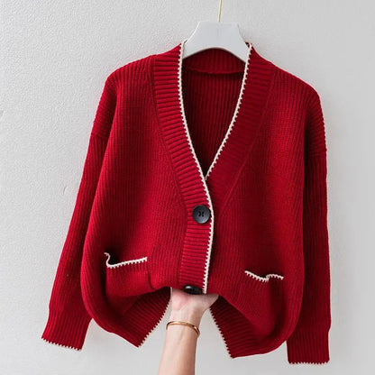 Women's V-Neck Cardigan Sweater With Patch Pockets