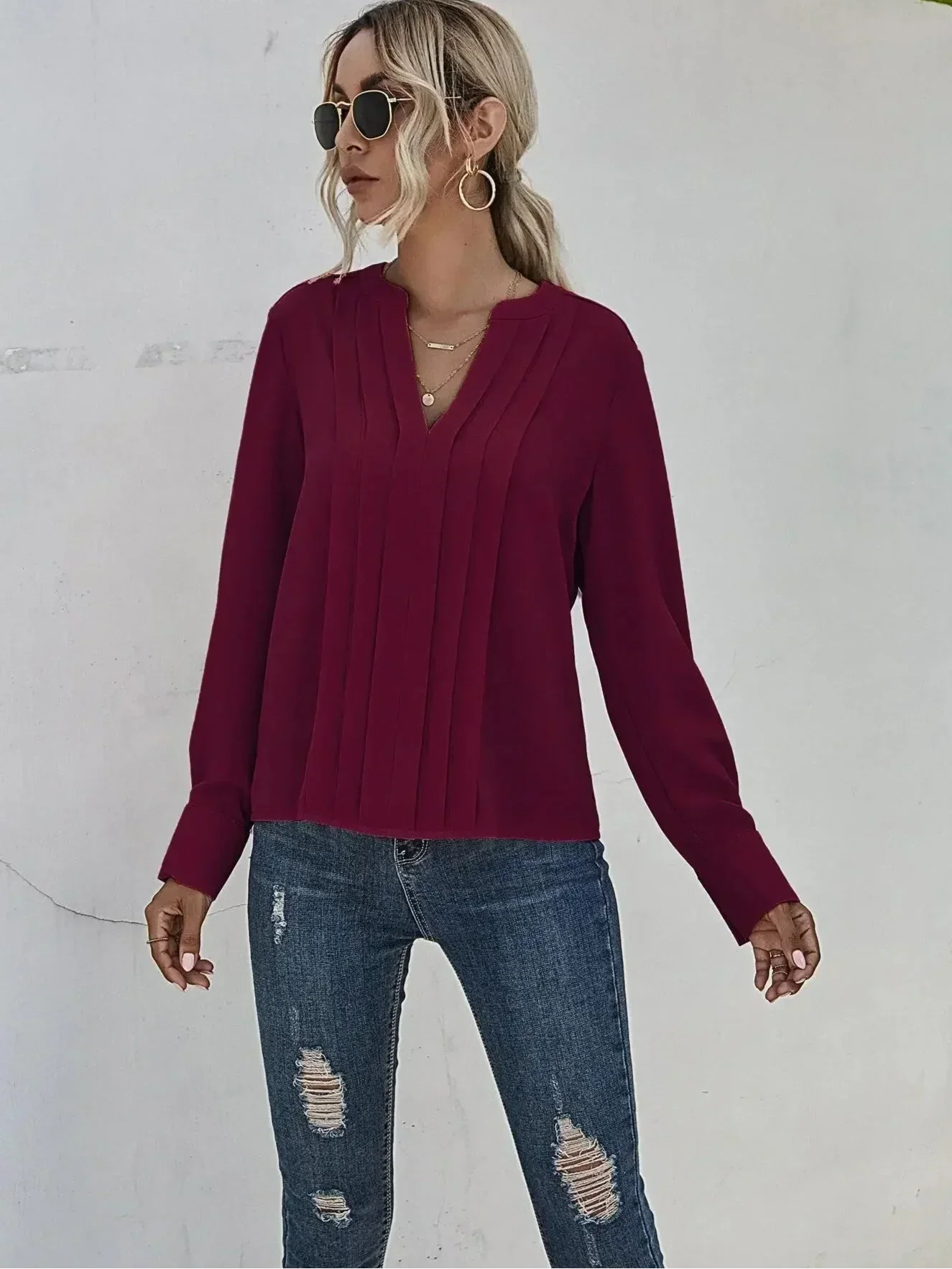 Women's V-Neck Long Sleeve Pleated Blouse