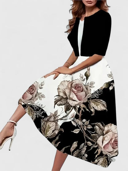 Women's Floral Midi A-Line Dress 3/4 Sleeve