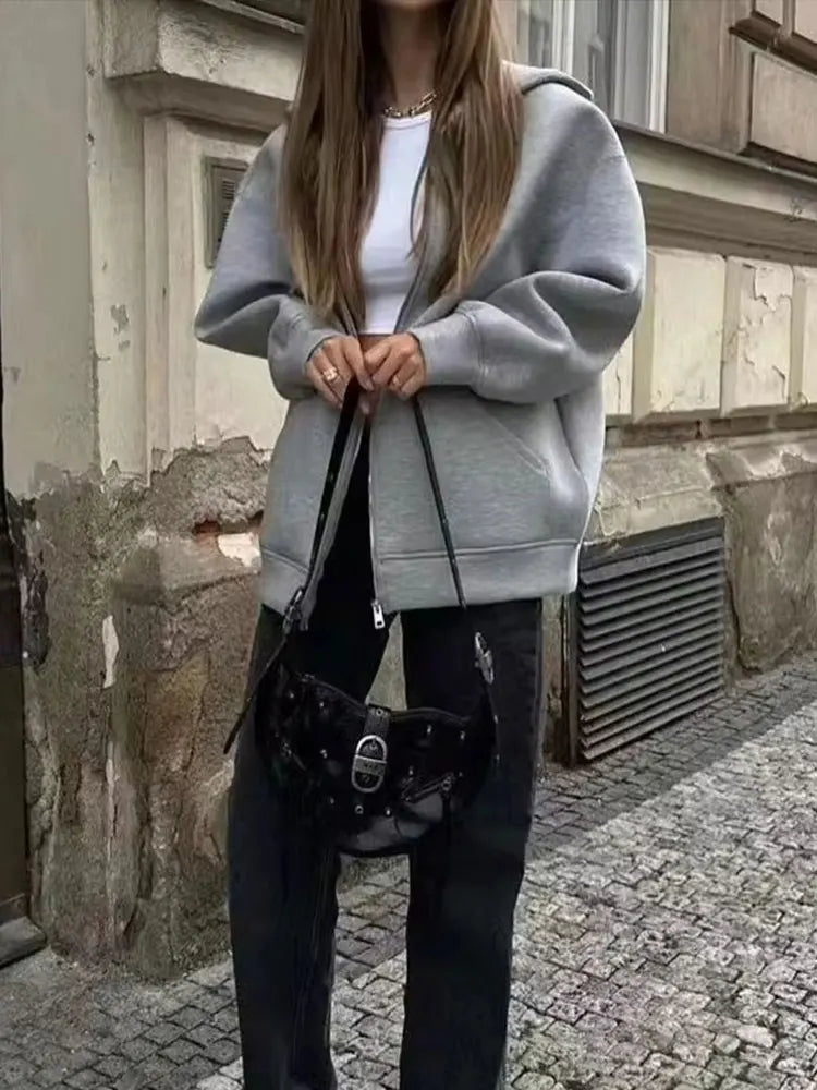Women's Oversized Zip Hoodie Cotton Casual Grey - VibreMode