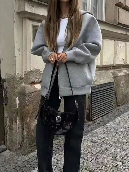 Women's Oversized Zip Hoodie Cotton Casual Grey - VibreMode