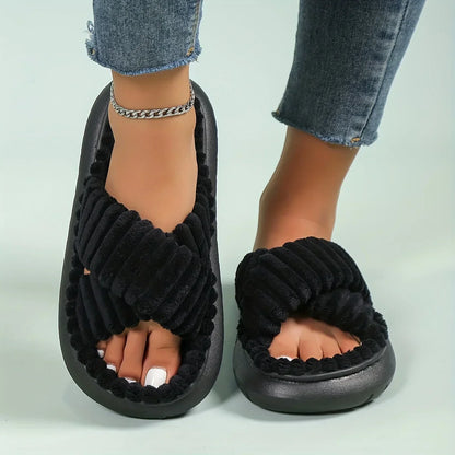 Women's Plush Open Toe Slippers Soft Cushioned Sole