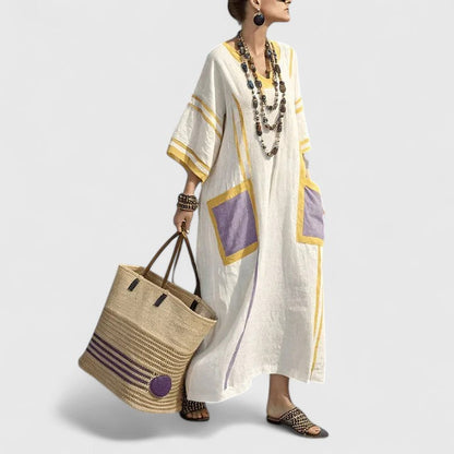 Relaxed Fit Women's Striped Linen V Neck Maxi Dress